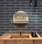 Dark gray glass subway tiles for floors, walls, and showers