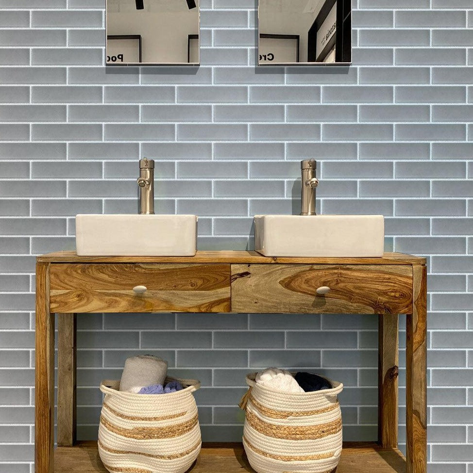 Gray Frosted Glass Subway Tile Bathroom Bacskplash with a Mid Century Wood Vanity