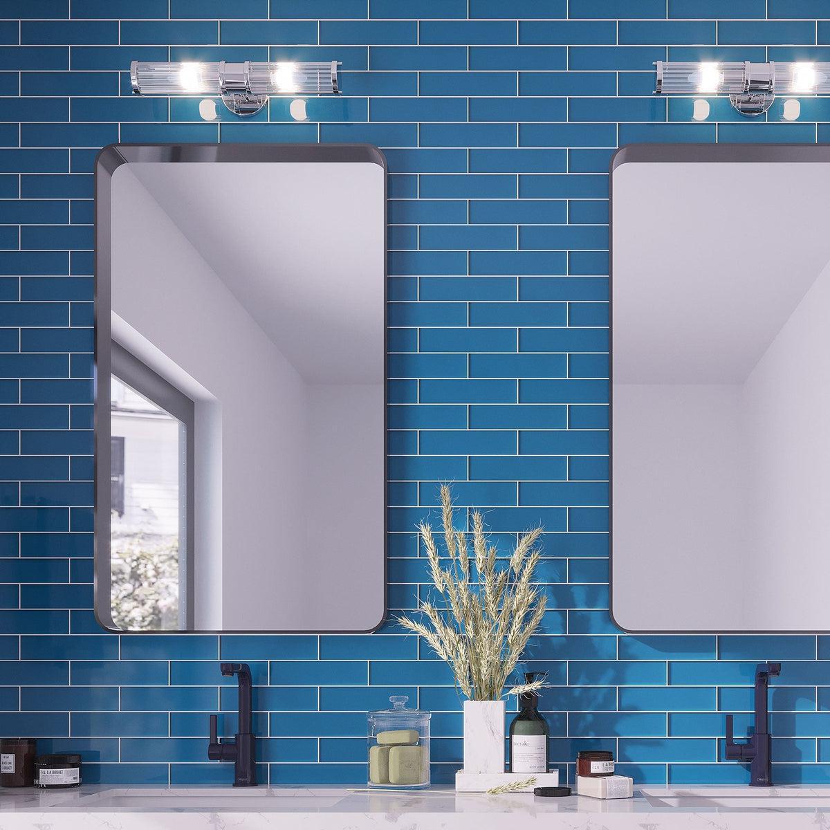 Frosted blue subway glass bathroom tile