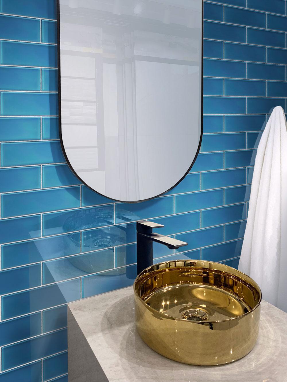 Ocean Blue Polished Glass Subway Tile Bathroom Backsplash