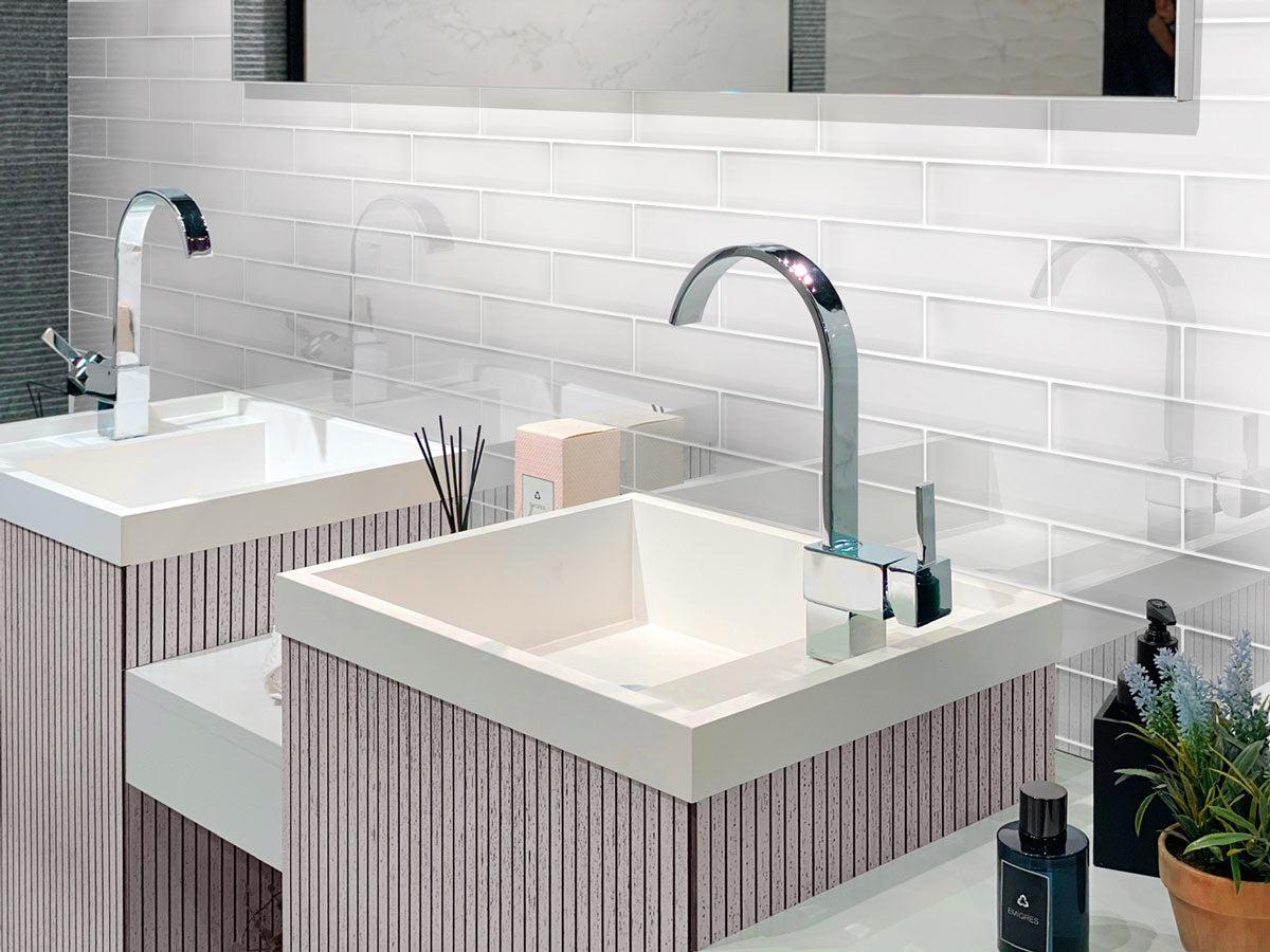 Contemporary Bathroom Backsplash with Polished White Glass Subway Tiles