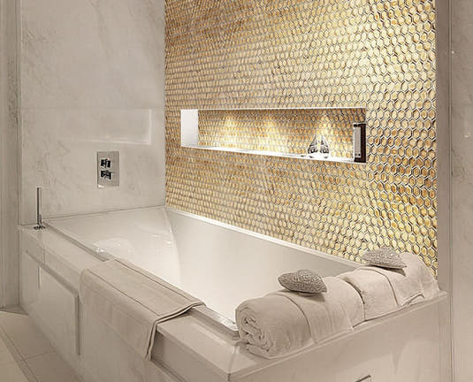 White bathroom with Glossy Gold Hexagon Glass Mosaic Tile  backsplash