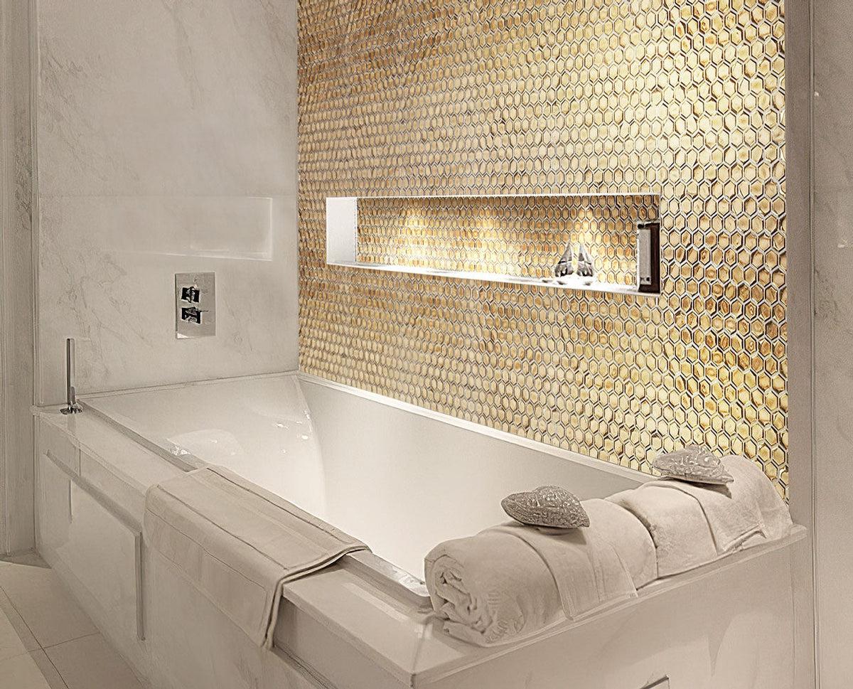 White bathroom with Glossy Gold Hexagon Glass Mosaic Tile  backsplash