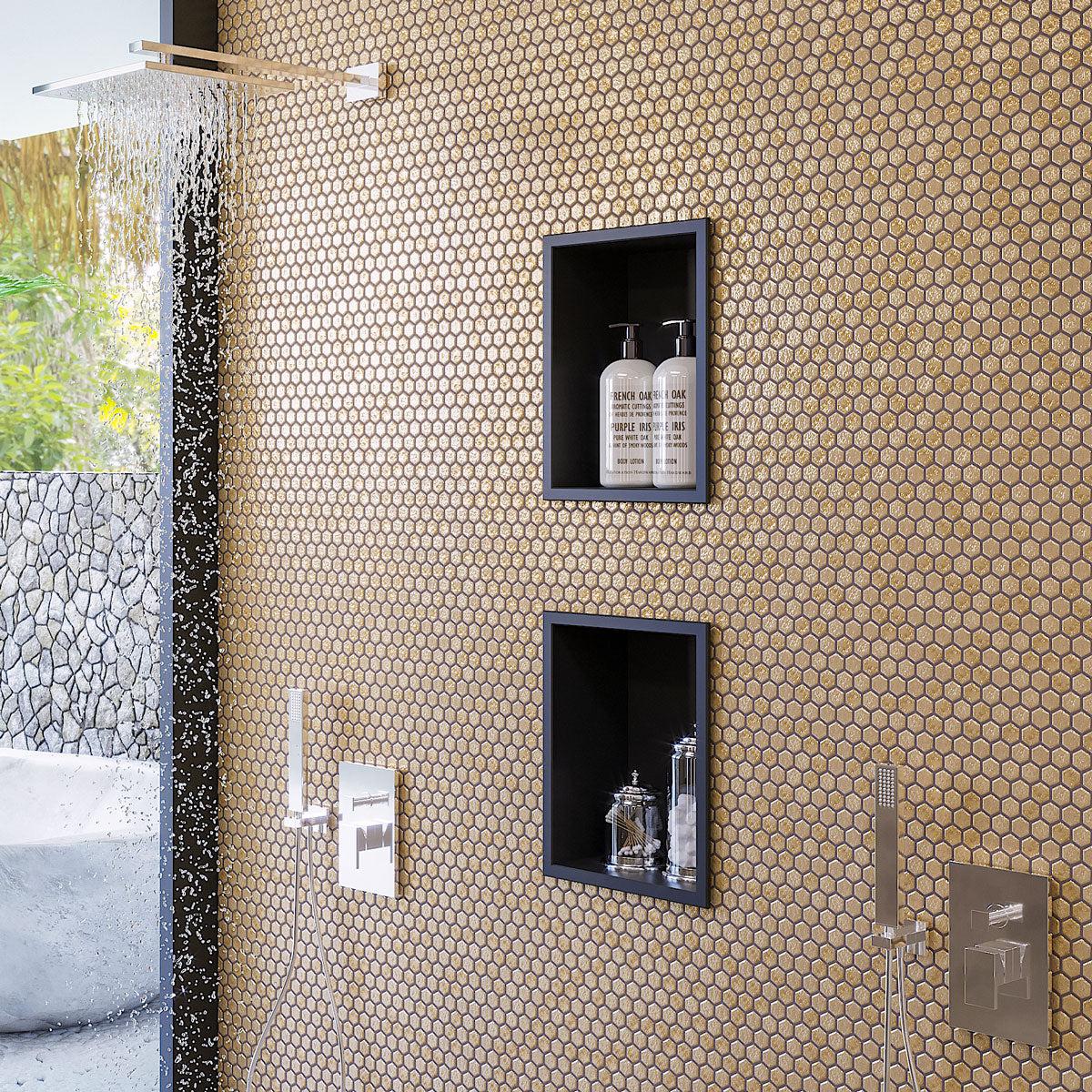 Rain Shower with Glossy Gold Shower Tile in Hexagon Glass