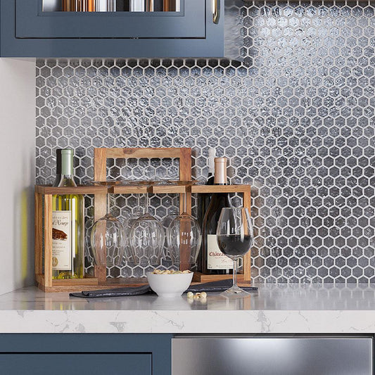 Glossy Silver Hexagon Glass Mosaic Tile Pantry Backsplash Close-up