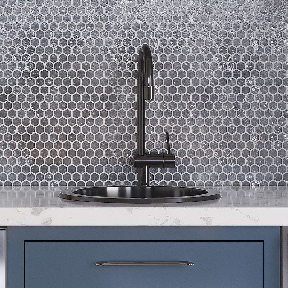 Black Kitchen Faucet and Sink on Glossy Silver Hexagon Glass Mosaic Tile Wall Background