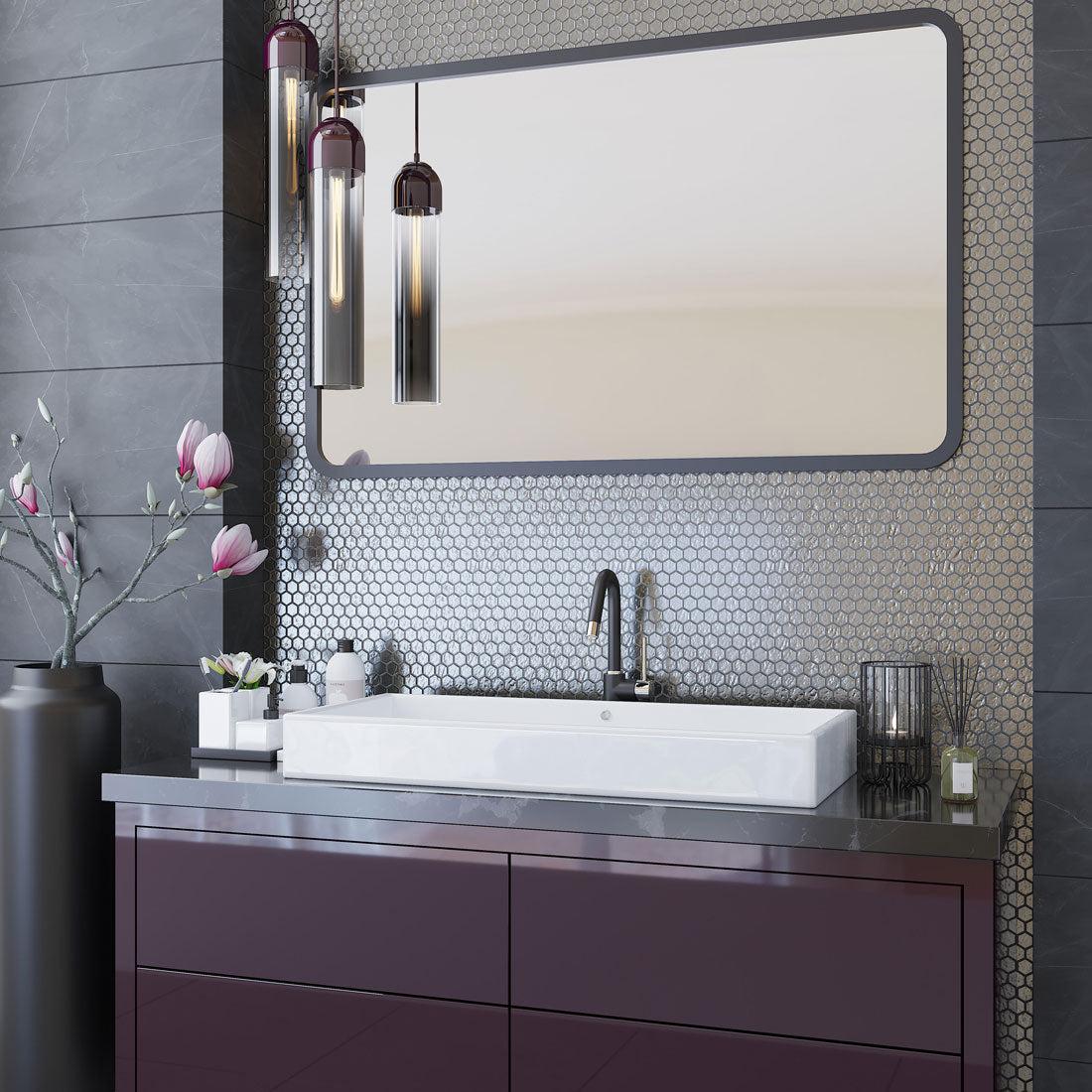 Modern Bathroom Vanity with Glossy Silver Hexagon Glass Mosaic Tile Backsplash in Smoky Quartz and Plum