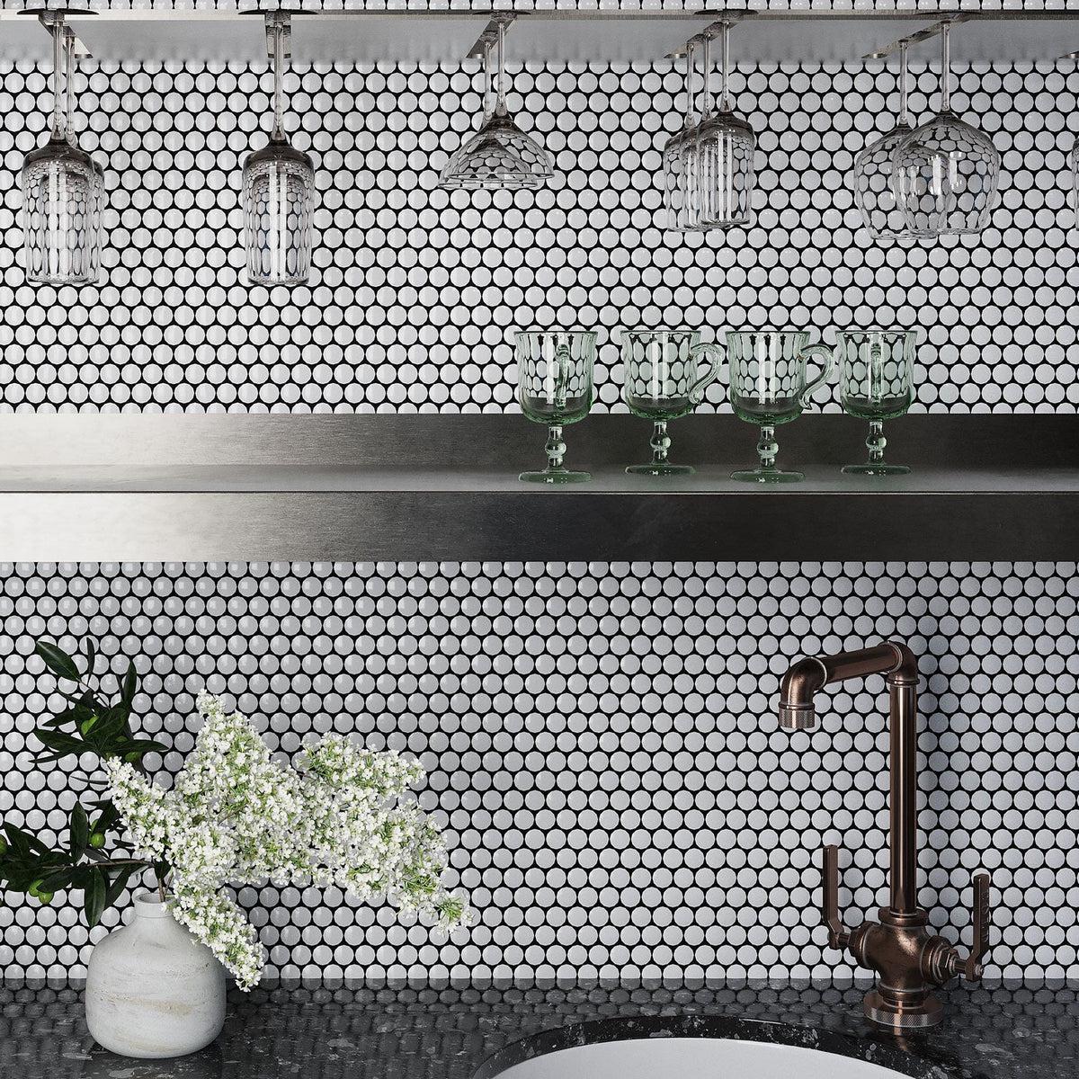 White penny tile backsplash for wet bar