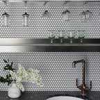 White penny tile backsplash for wet bar