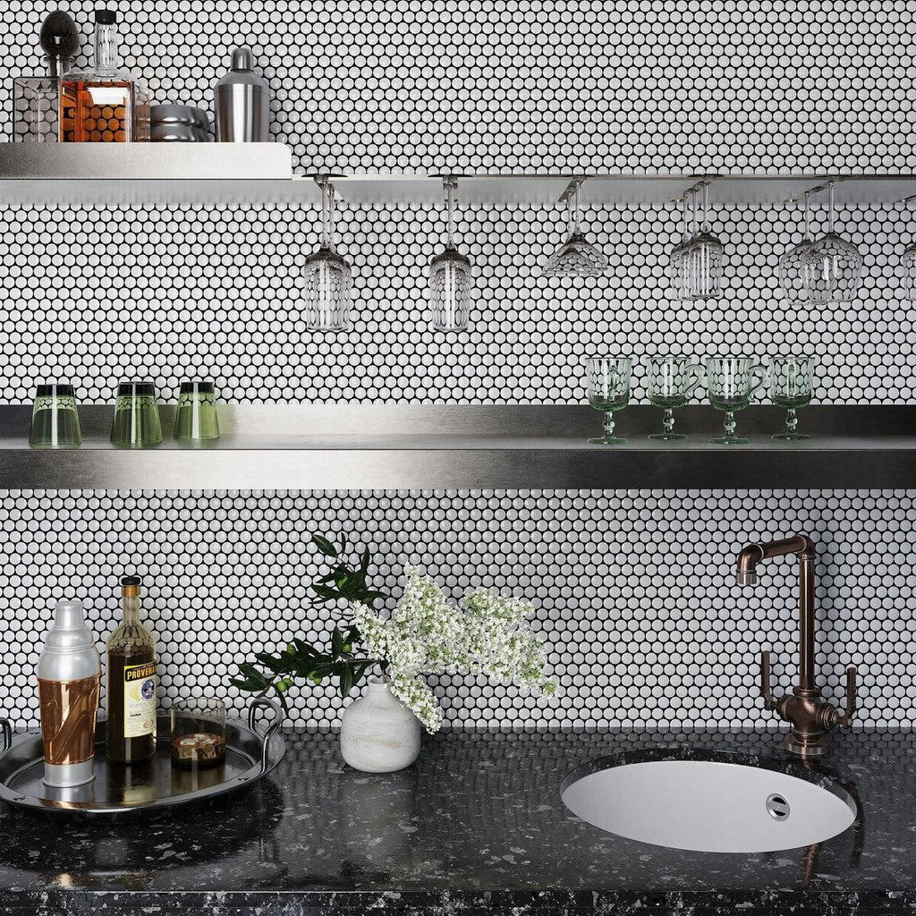 Glossy white penny round tile wet bar backsplash