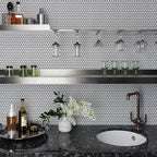 Glossy white penny round tile wet bar backsplash