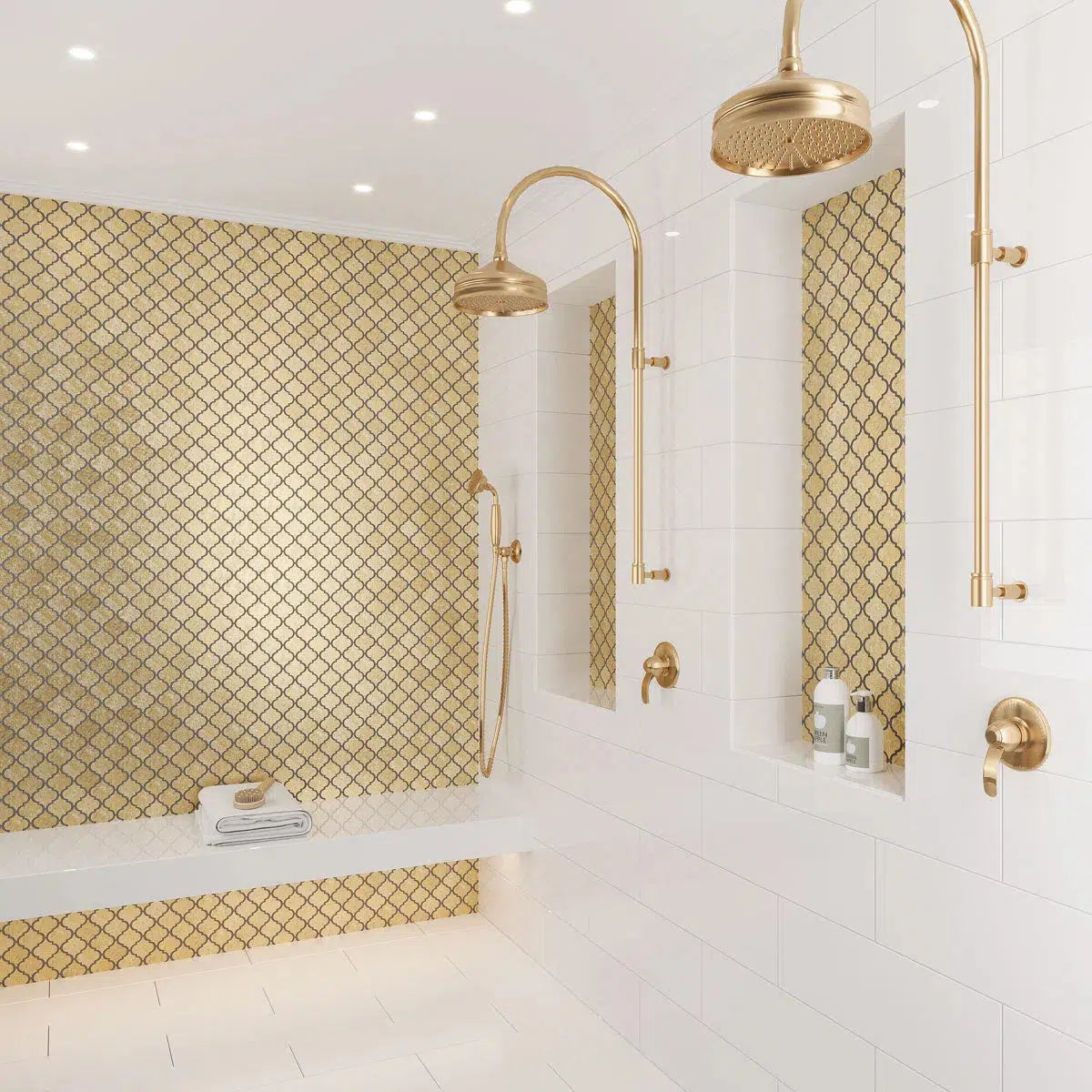 White and Gold Shower with resin arabesque tile accent wall