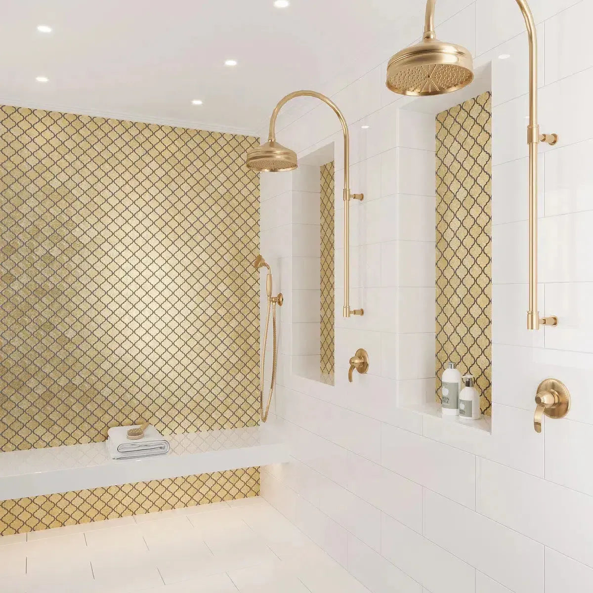 White and Gold Shower with resin arabesque tile accent wall