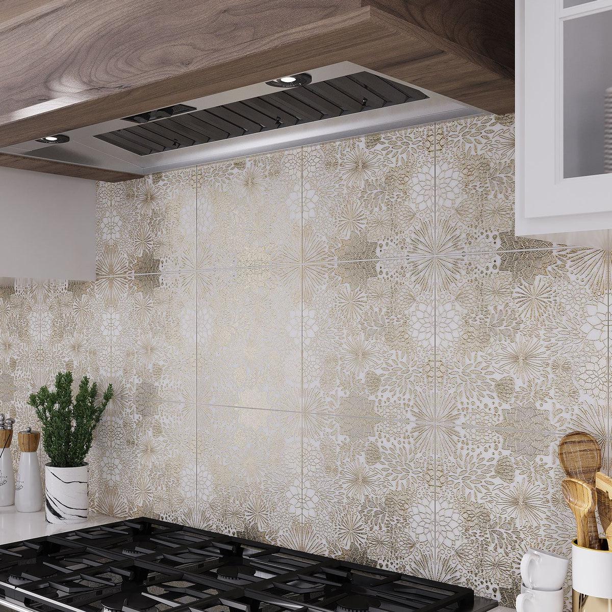 Floral tile with gold inlay kitchen backsplash