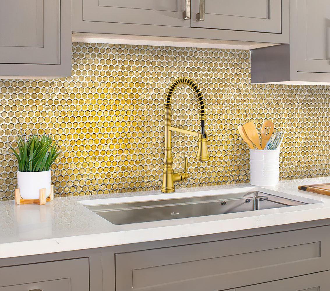 Grey kitchen with Gold Glass Penny Round Mosaic Tile backsplash