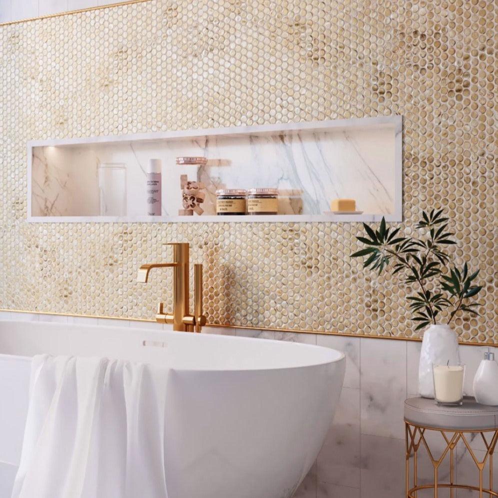 Glam Gold Glass Penny Round Tile Backsplash