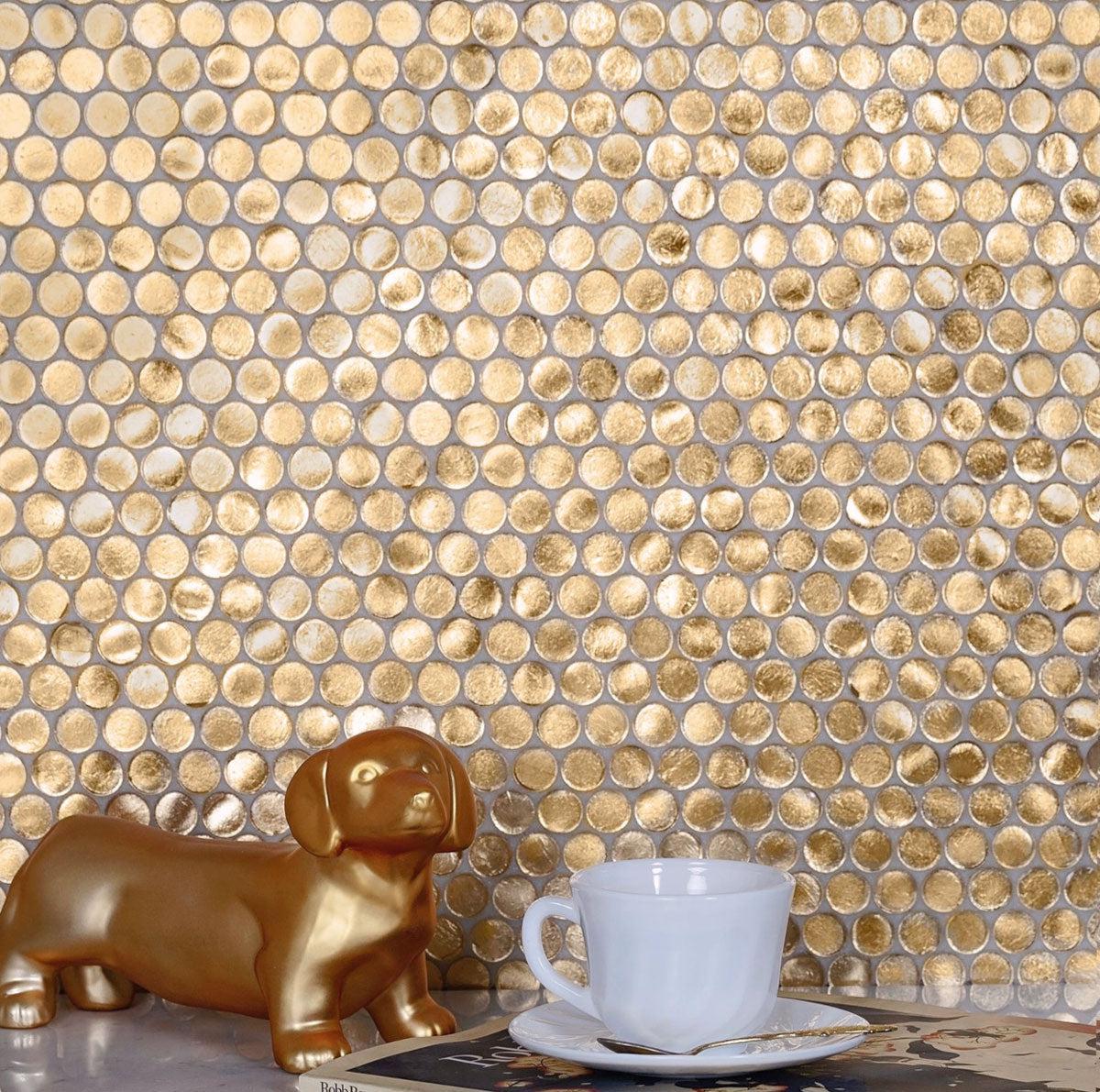 Gold Glass Penny Round Mosaic Tile