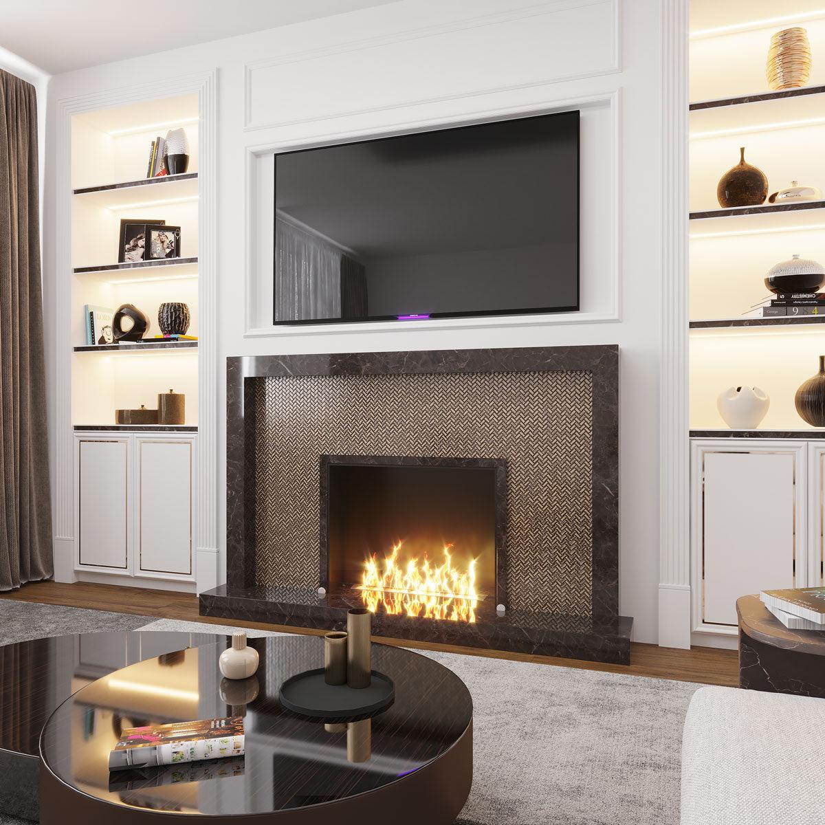 Luxurious white and neutral living room with gold glass herringbone tile accents on the fireplace