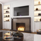 Luxurious white and neutral living room with gold glass herringbone tile accents on the fireplace