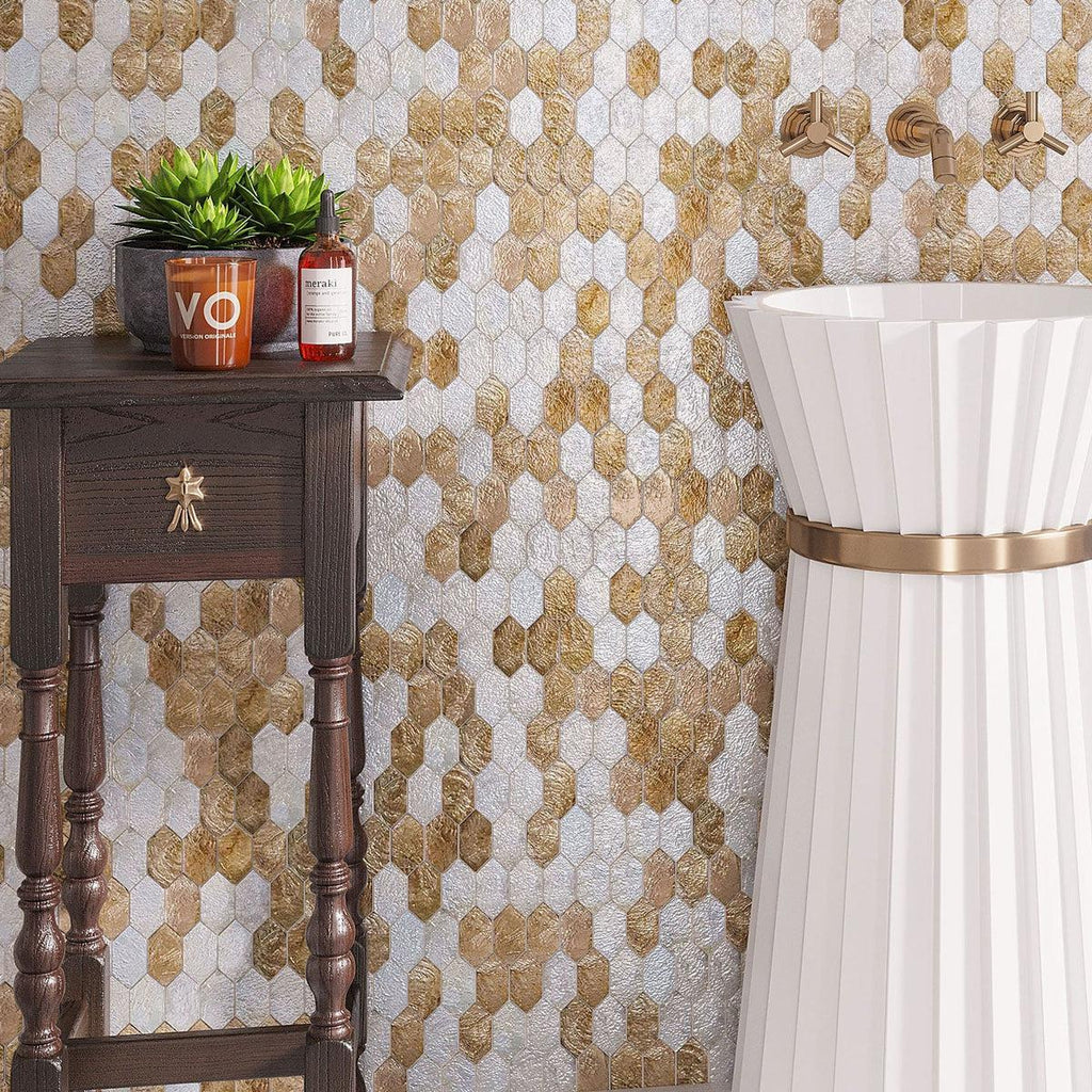 gold and white hexagon bathroom wall tile