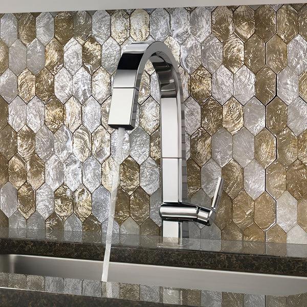  Kitchen Tap with Gold White Mother of Pearl Hexagon Mosaic Backsplash