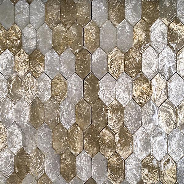 Gold White Mother of Pearl Hexagon Mosaic Close-up