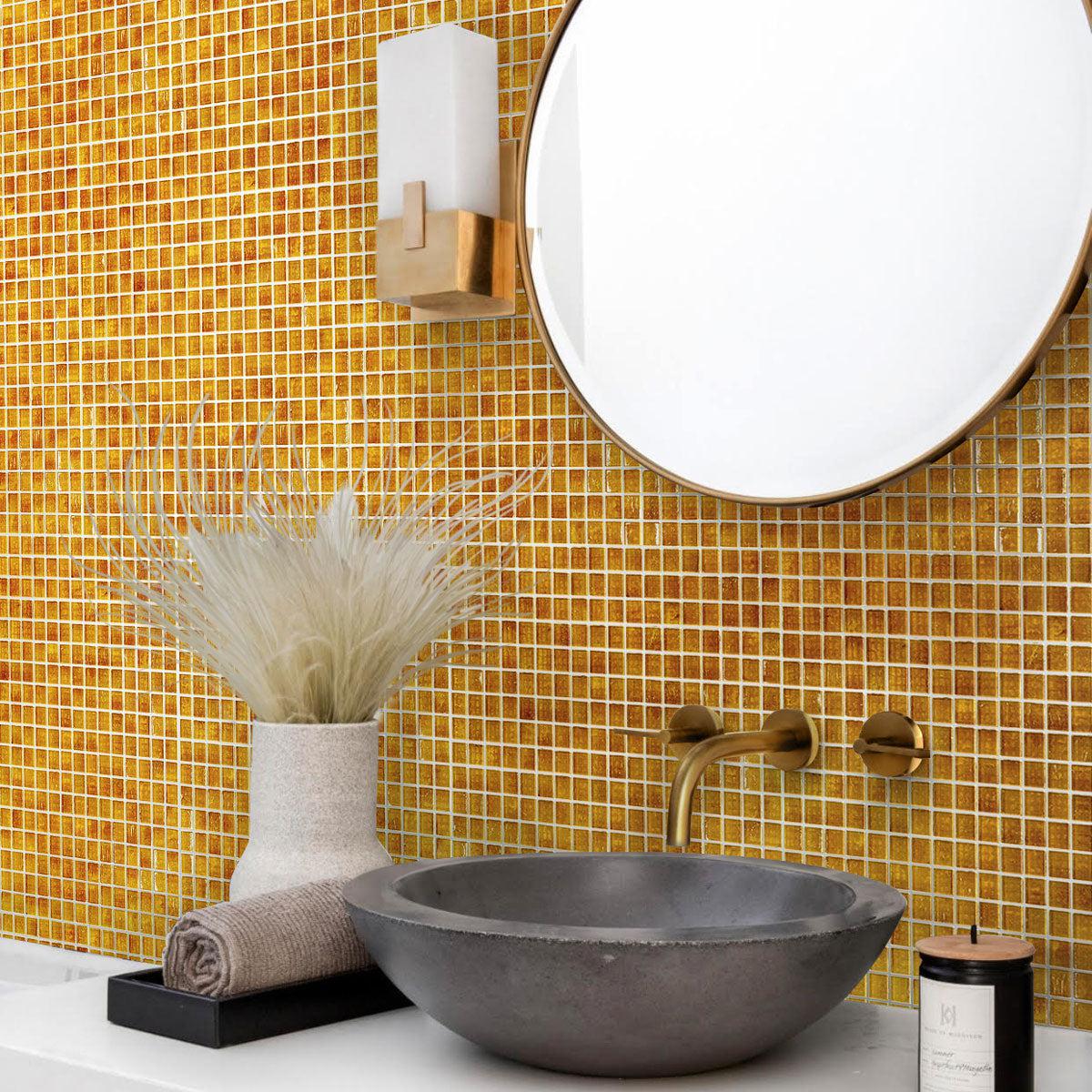 Golden Brown Squares Glass Tile creates a warm and inviting bathroom oasis