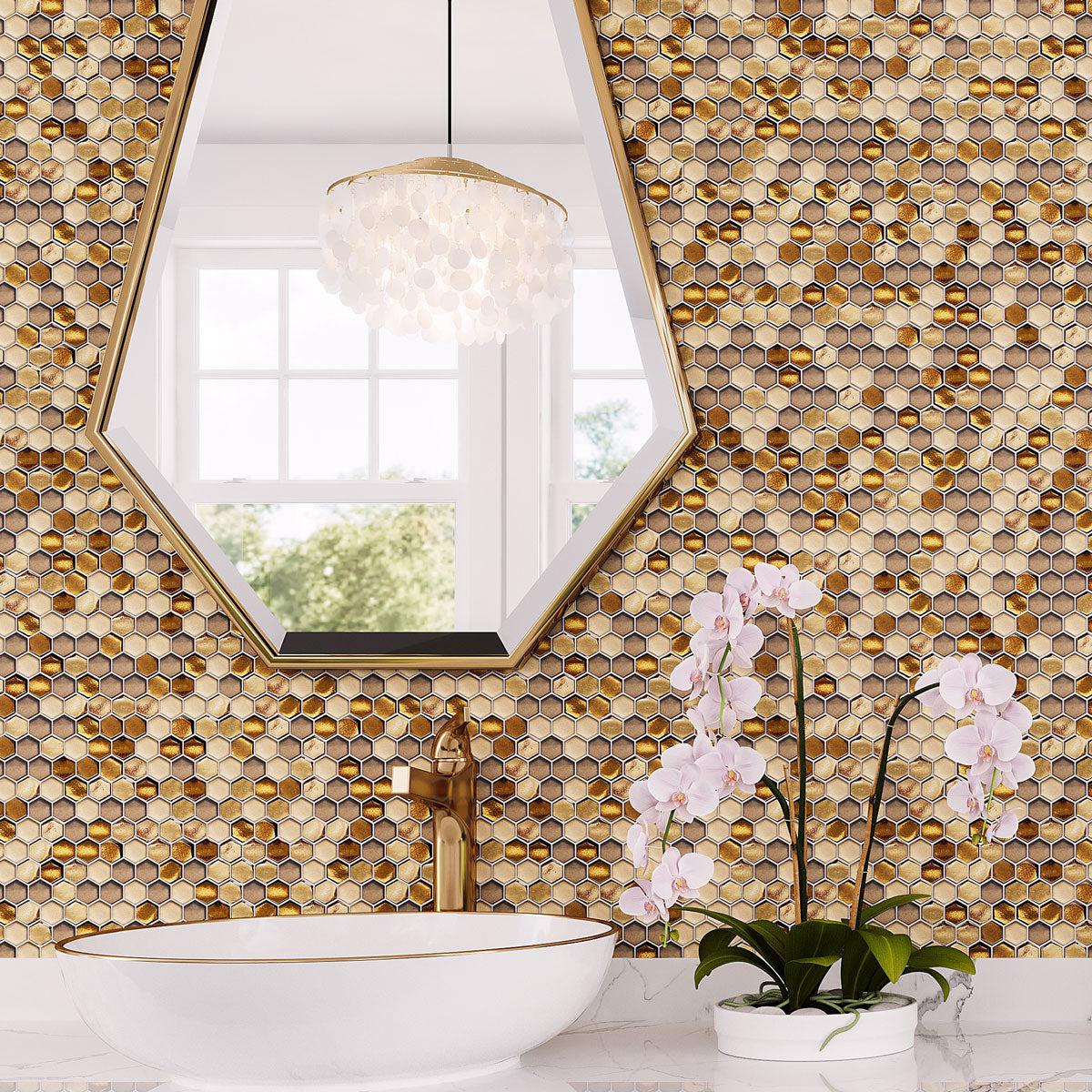 Golden Honey Hexagon Glass Mosaic Tile bathroom wall with brass fixtures