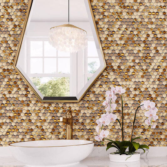 Golden Honey Hexagon Glass Mosaic Tile bathroom wall with brass fixtures