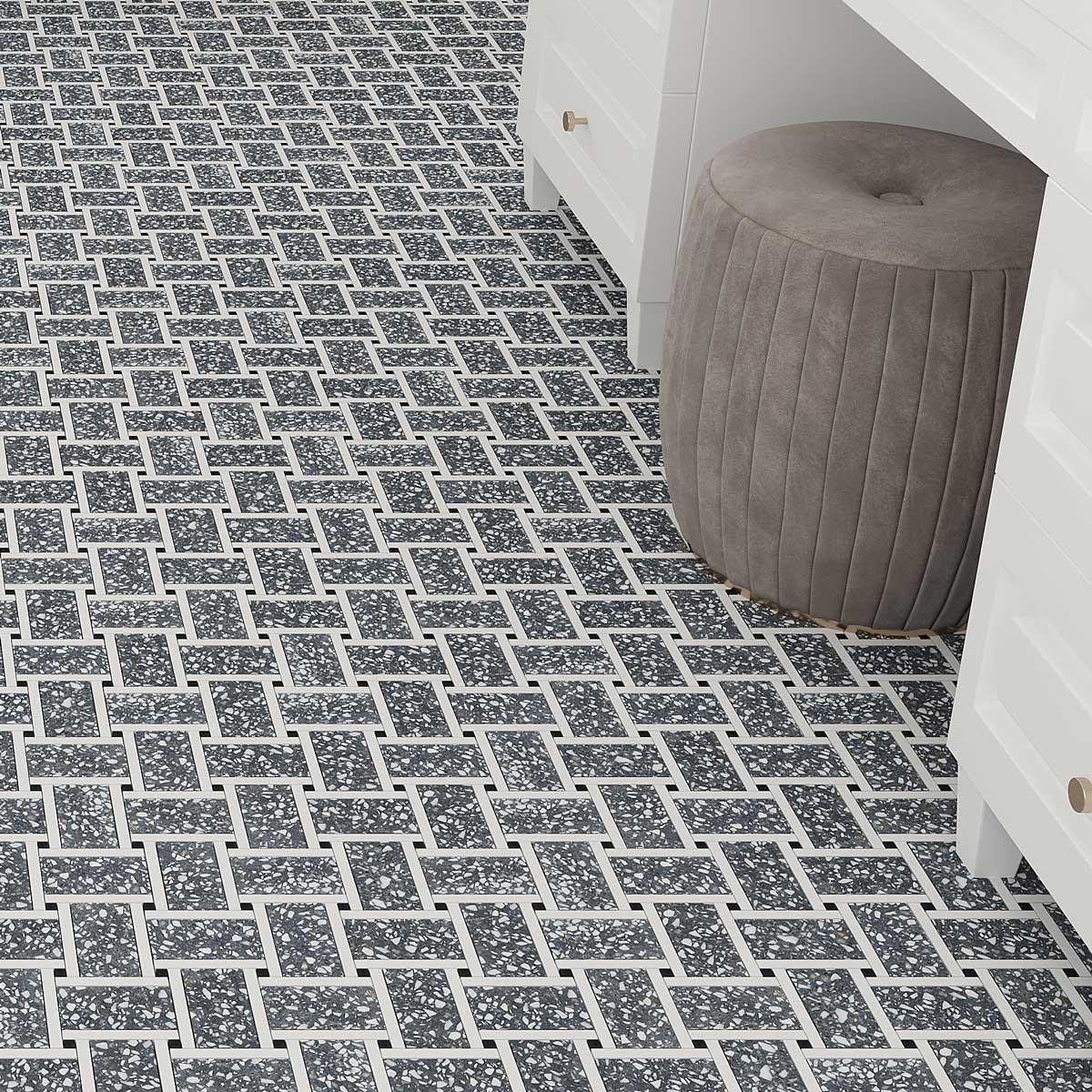 Gray and White Terrazzo Basket Weave Mosaic Tile | Tile Club