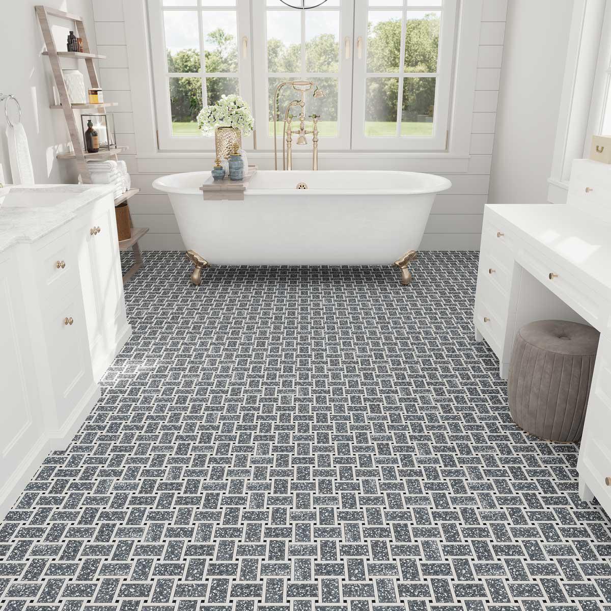 Classic basket weave bathroom floor tile with unique terrazzo speckles