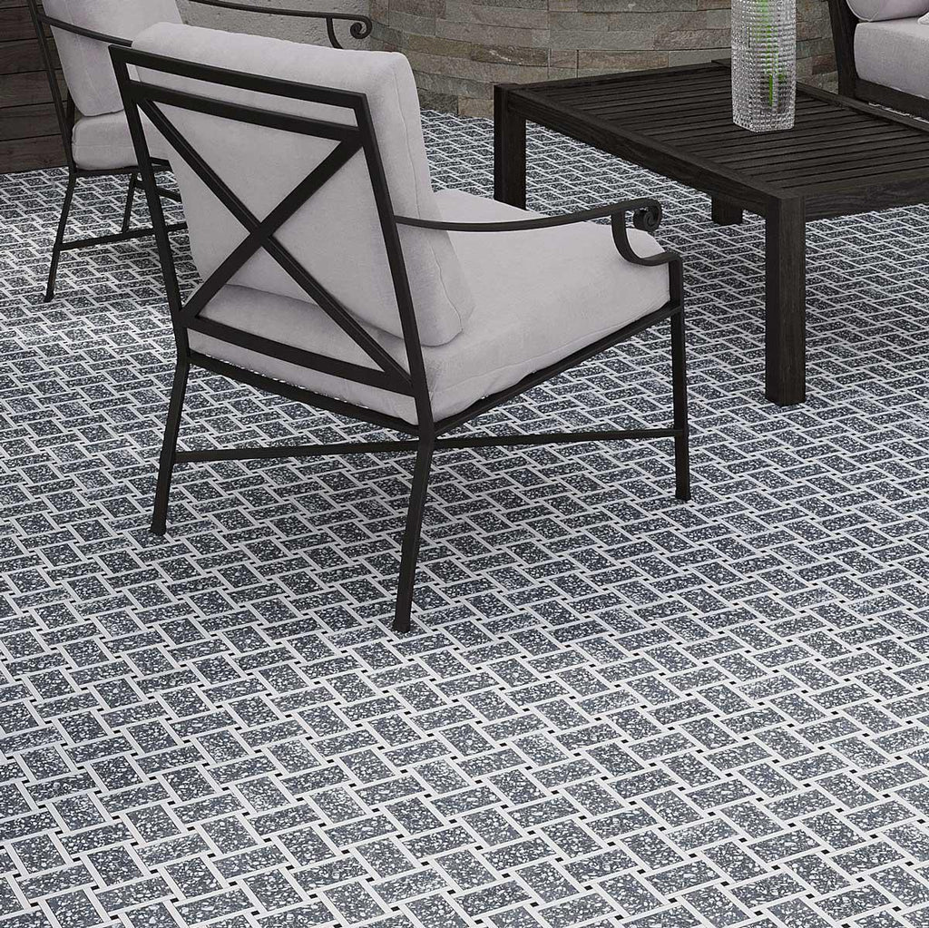 Gray and White Terrazzo Basket Weave Mosaic Tile | Tile Club