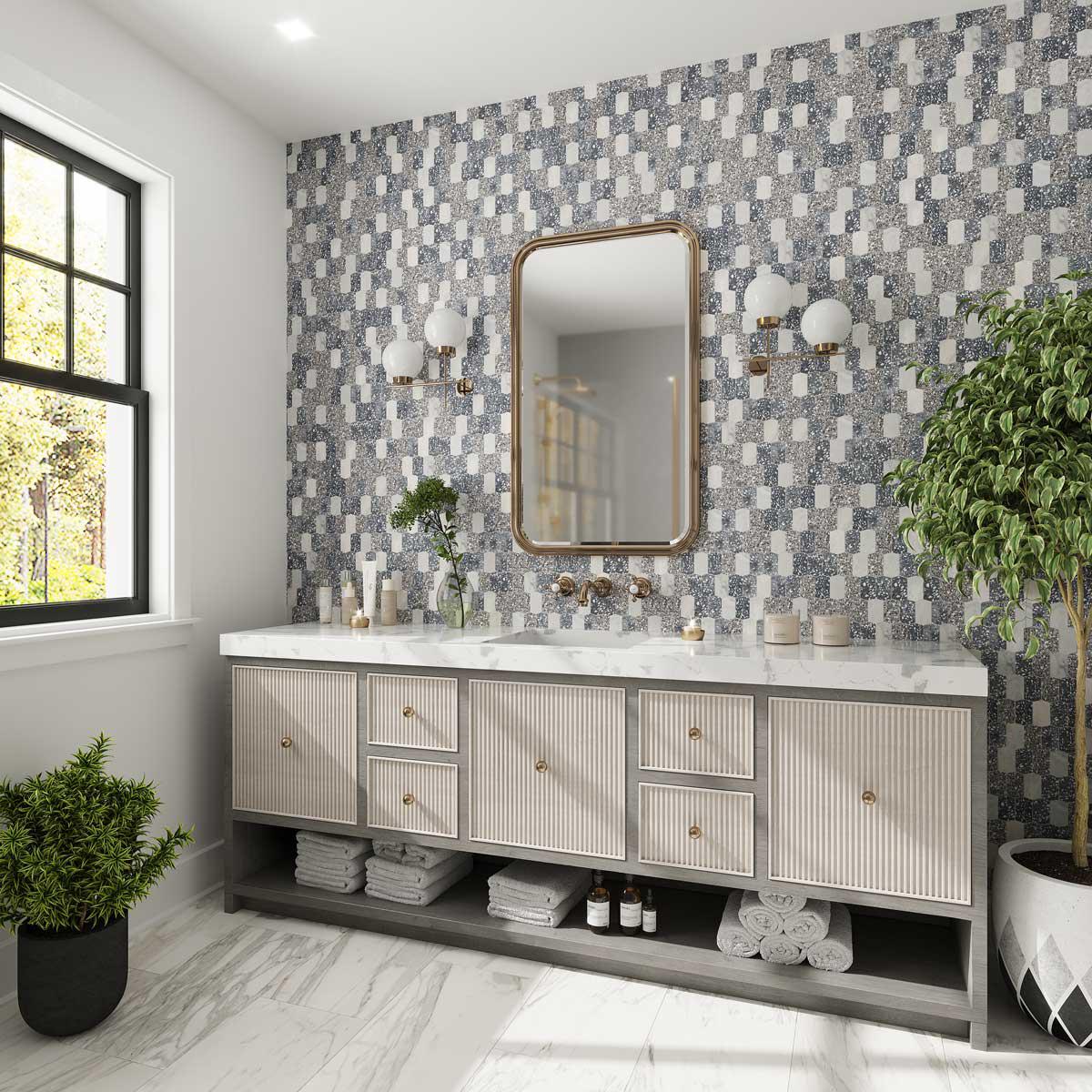 Gray and white bathroom with patterned picket wall tiles