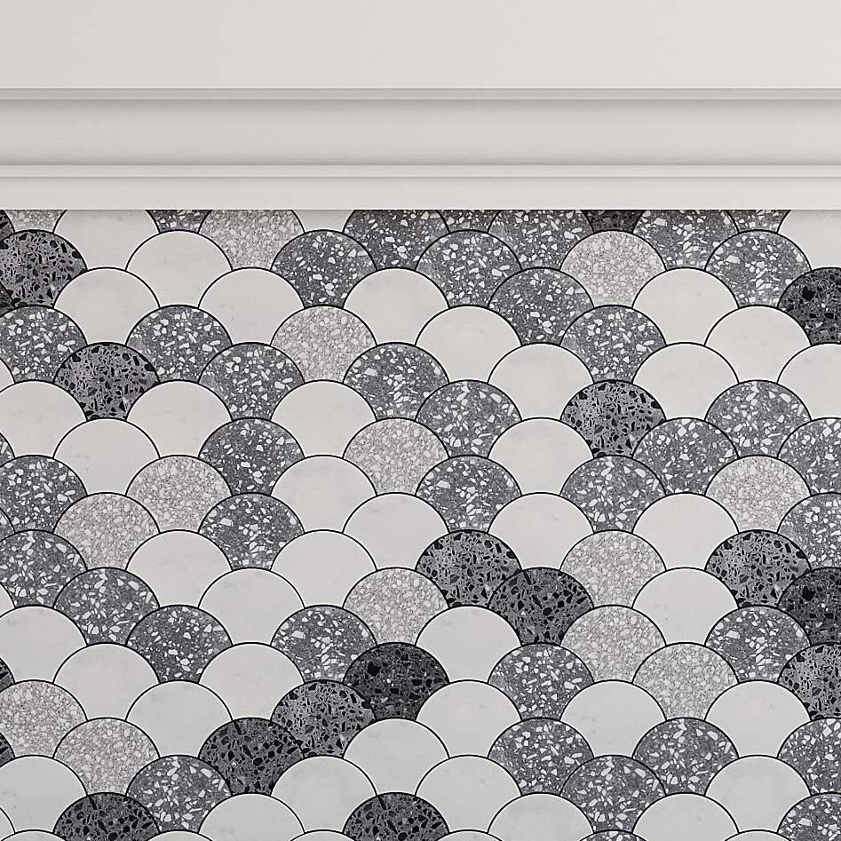 Gray and white fan tile with terrazzo speckles