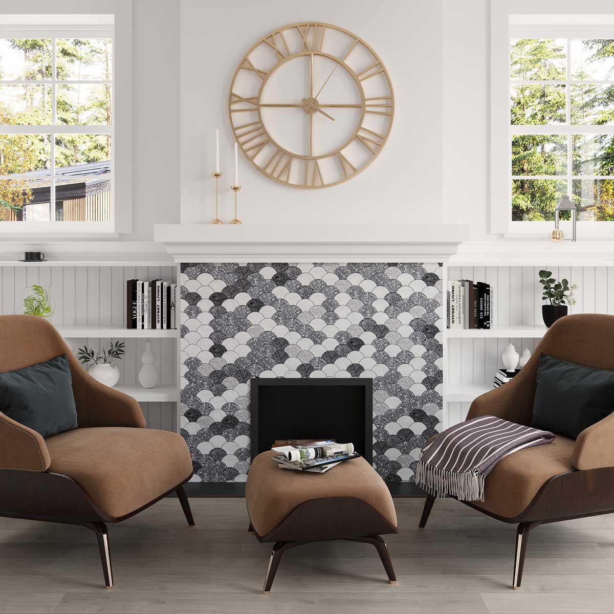 Contemporary living room with patterned scale mosaic tile