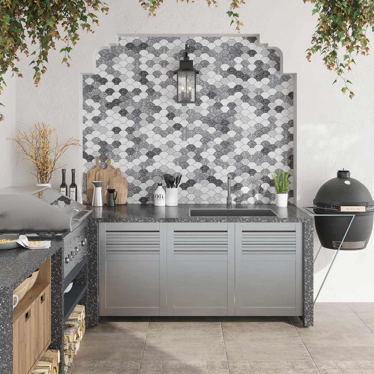 Gray and White Terrazzo Scale Mosaic Tile