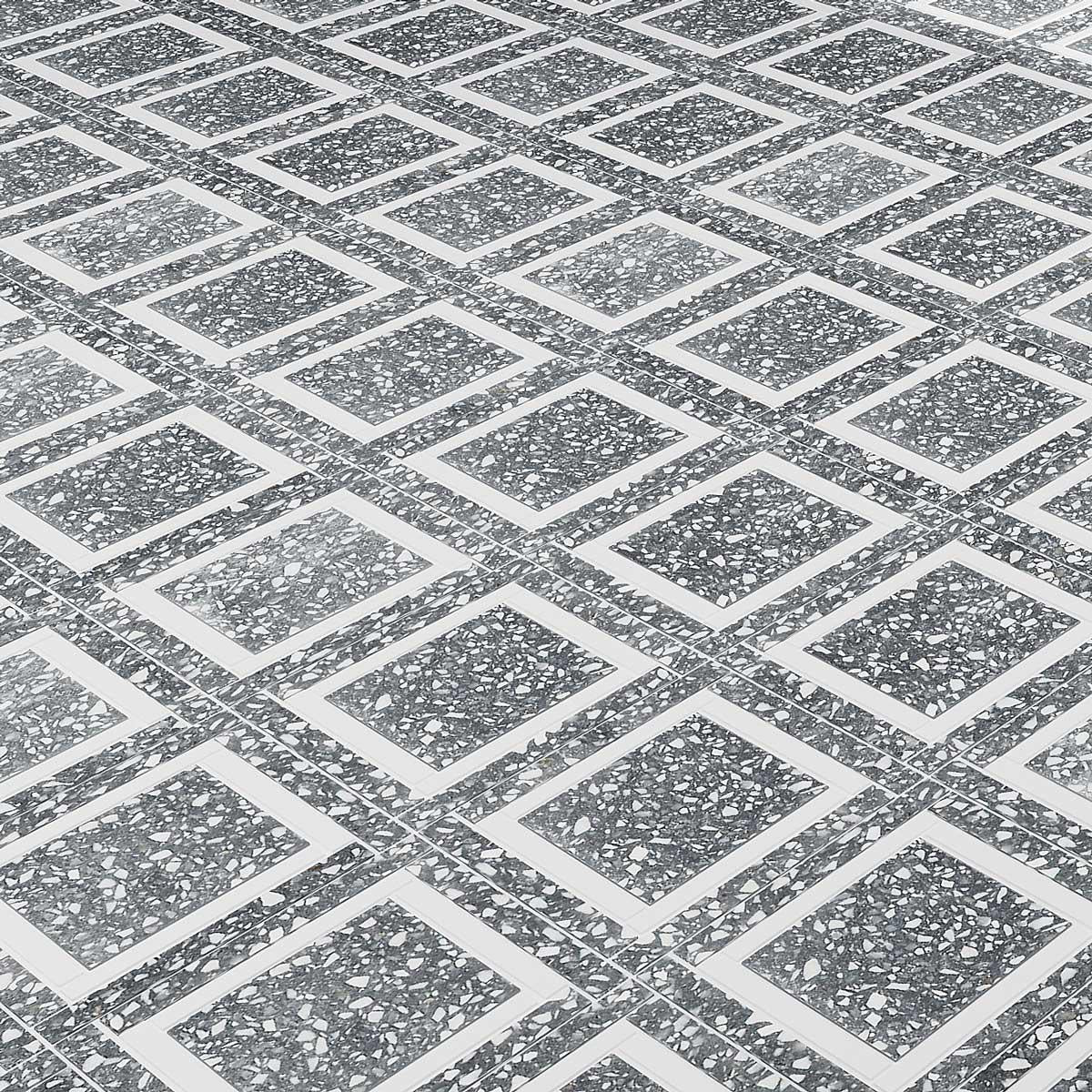 Speckled gray and white square patterned floor tile