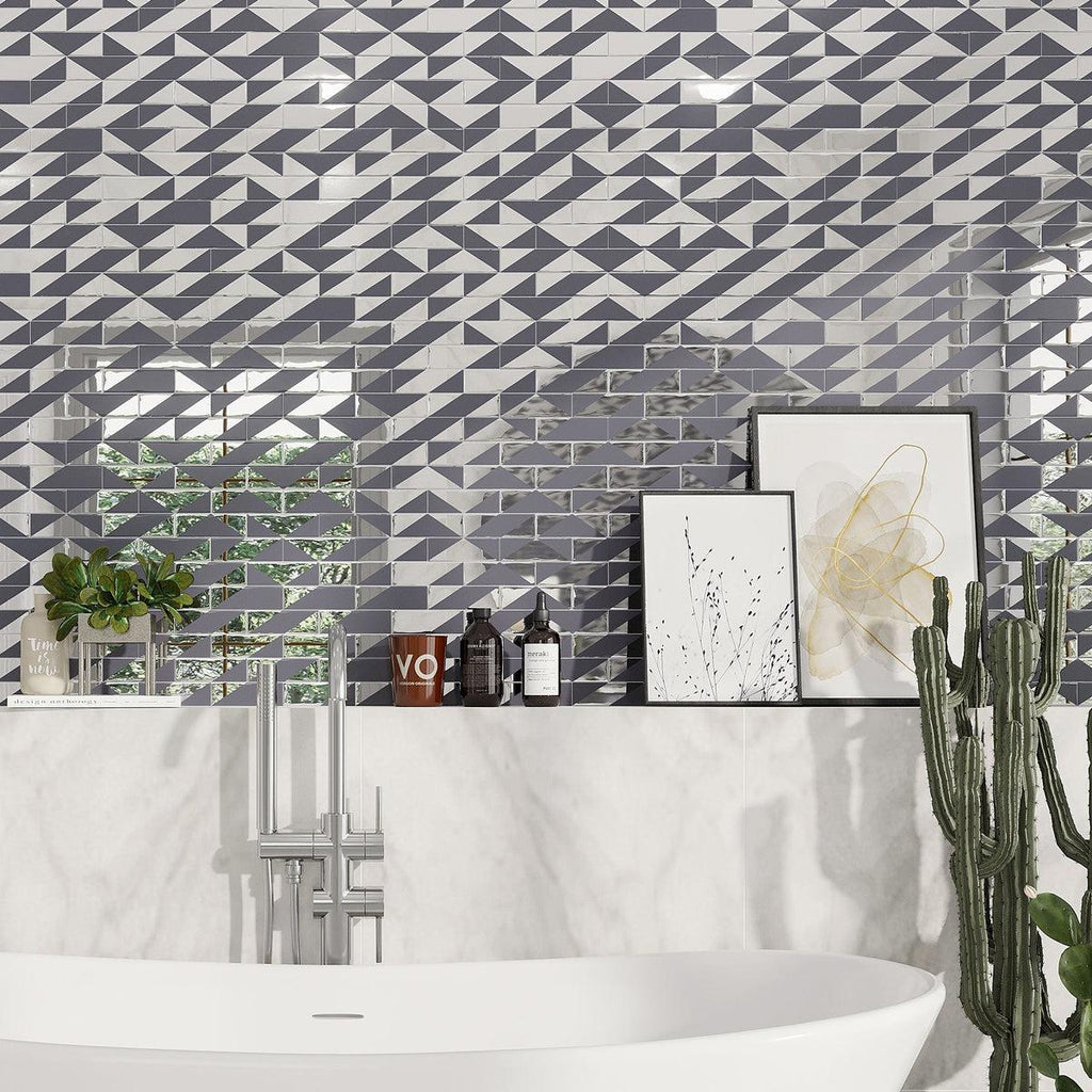 Geometric glass subway tile bathroom feature wall