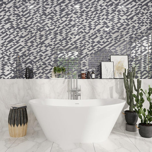 Geometric tile feature wall in trendy bathroom