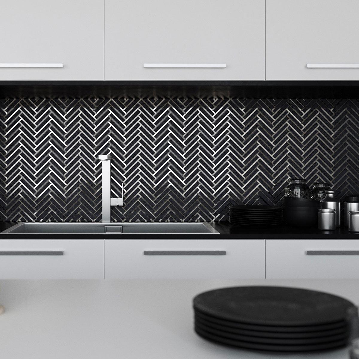 Silver and Gray Gray Deco Herringbone Glass Mosaic Tile Backsplash