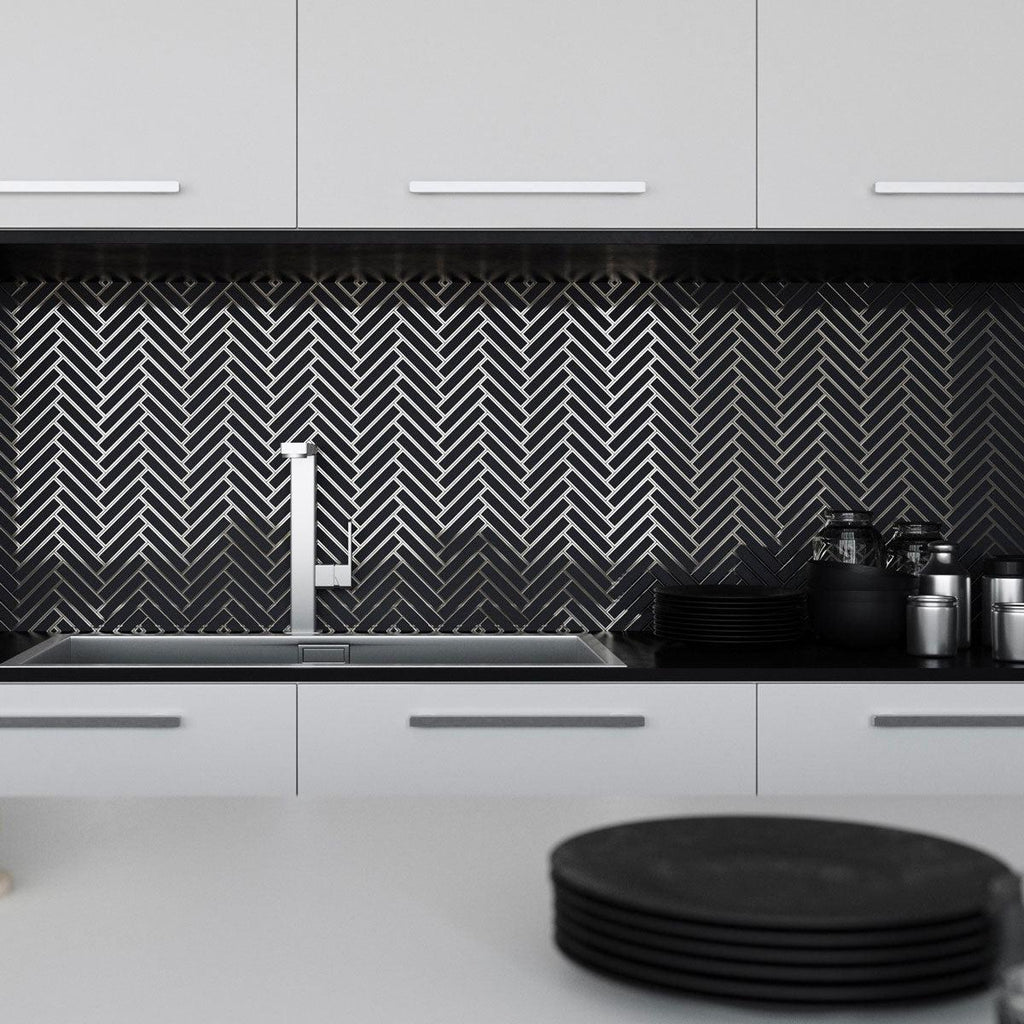 Silver and Gray Gray Deco Herringbone Glass Mosaic Tile Backsplash