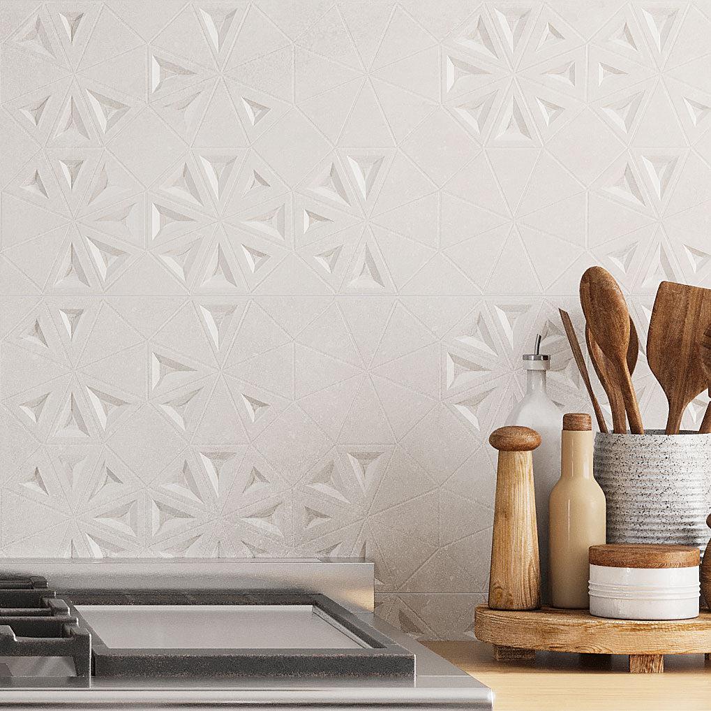 Grazioso Concrete Flower Ceramic Tile backsplash for a white and wood kitchen