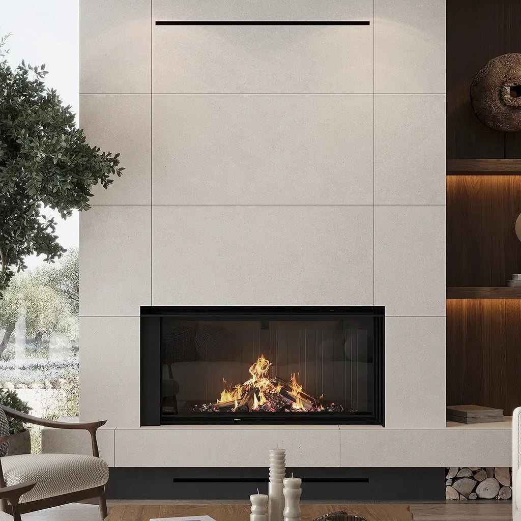 Grazioso Light Concrete Ceramic Tile 24x48 Fireplace Surround