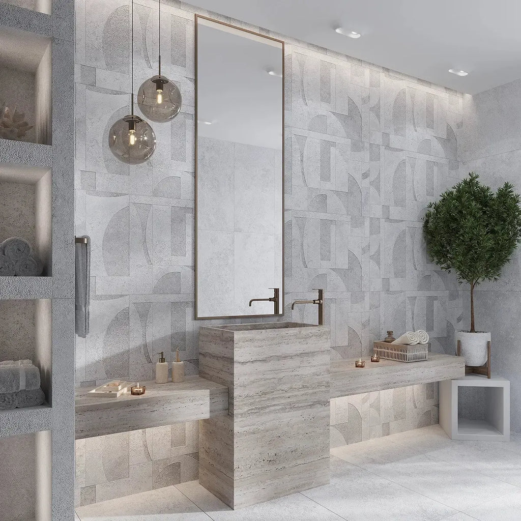 Grazioso White Concrete Geo Porcelain Tile 24x48 | Tile Club