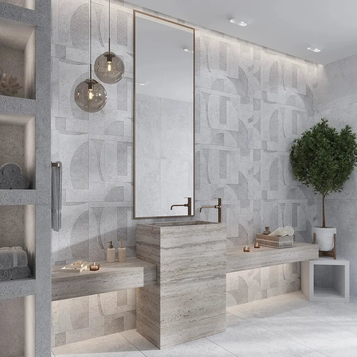 Grazioso White Concrete Geo Porcelain Tile 24x48 | Tile Club