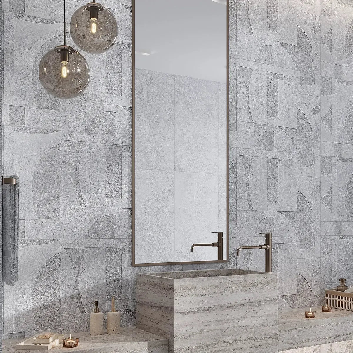 Grazioso White Concrete Geo Porcelain Tile 24x48 Bathroom Wall