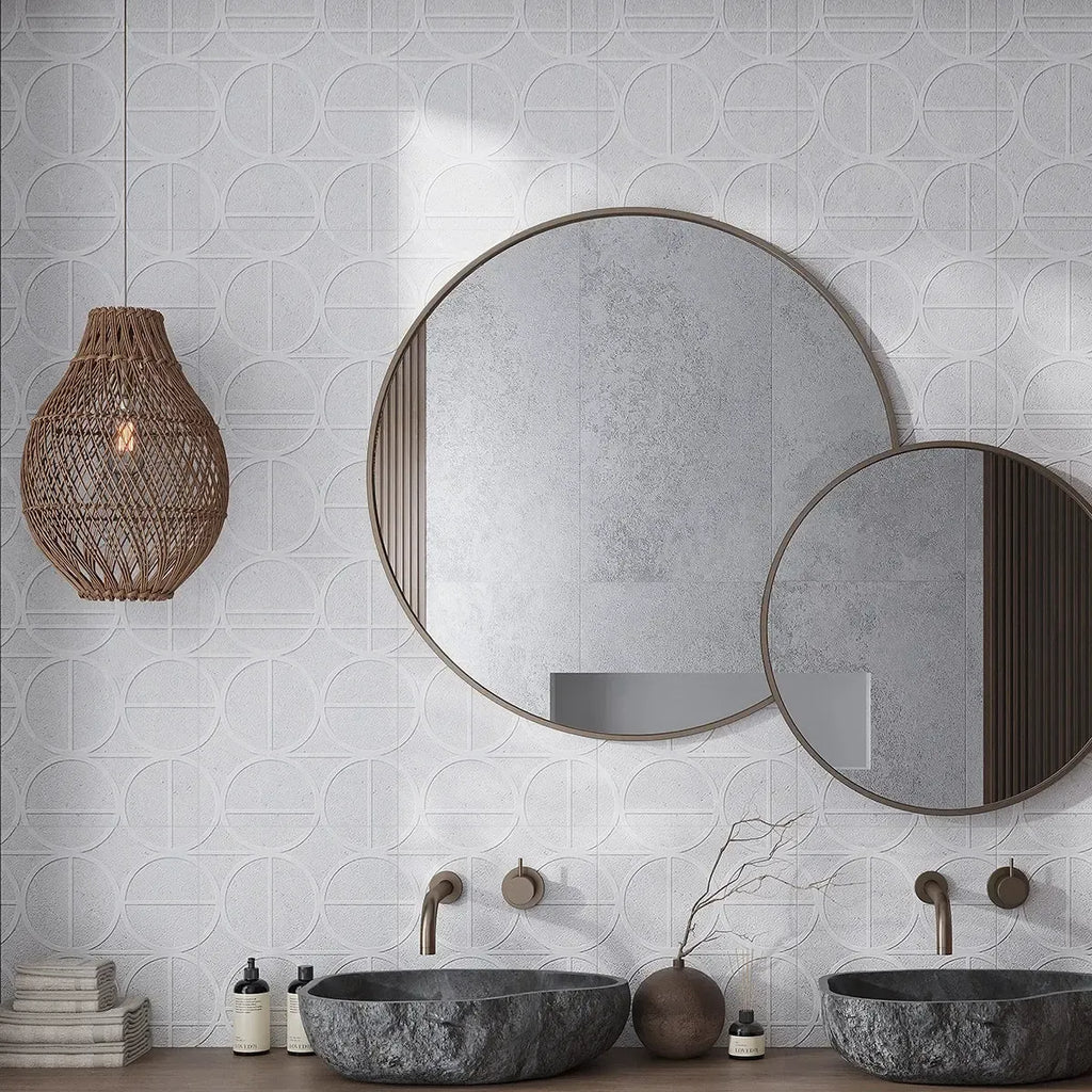 Grazioso White Orbit Ceramic Tile 16x48 Textured Bathroom Wall