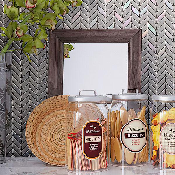 Glass Jars of Bisquits on Green Leaf Recycled Glass Mosaic Tile Wall