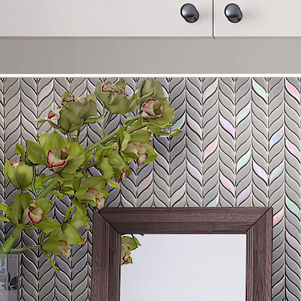 Green Leaf Recycled Glass Mosaic Tile Kitchen Wall Close-up