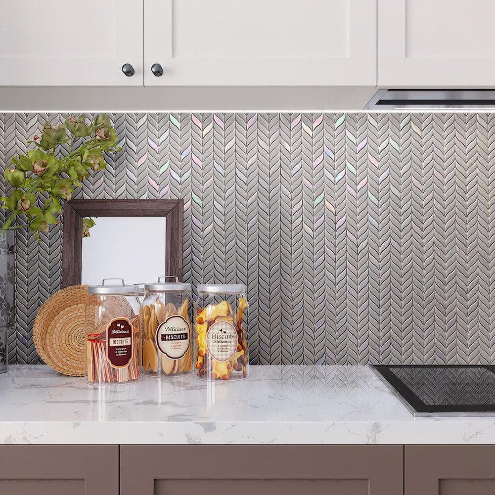 Kitchen Rack with Green Leaf Recycled Glass Mosaic Tile Backsplash